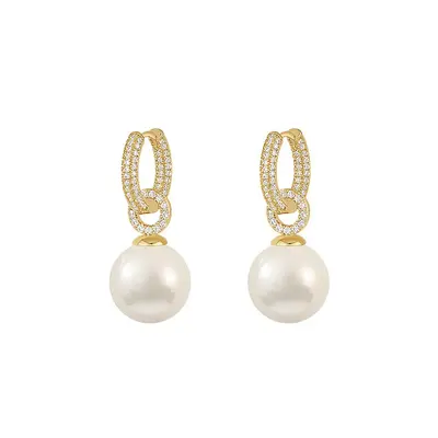 Round Pearl Earrings, Zircon Micro-Inlaid, Women's Studs