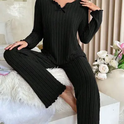2025 New Style European and American Cross-Border Amazon Bestseller Black Edge Twisted Edge Casual Home Clothing Set Ribbed Pajamas
