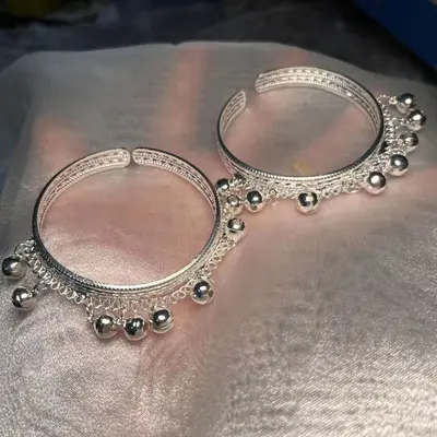 Silver bracelet with bells, adjustable, ethnic style