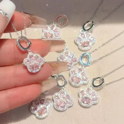 Kedi pençesi kolye, pembe taş kaplı gümüş, ayakkabı zinciri - 4