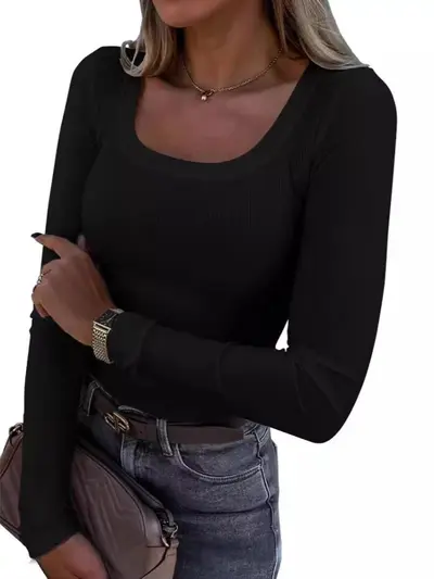 Damen-T-Shirt, Rippstrick, langärmlig, figurbetont, U-Ausschnitt