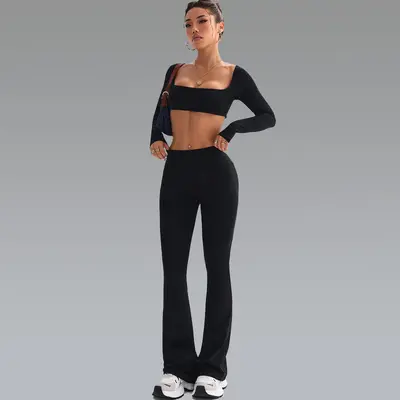 现货长袖瑜伽服套装女显瘦微喇裤运动健身两件套瑜伽服夏季薄款
