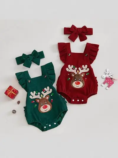 Bebek ve küçük çocuk Noel tulumu, nakışlı geyik desenli, kol kanatlı üçgen tulum