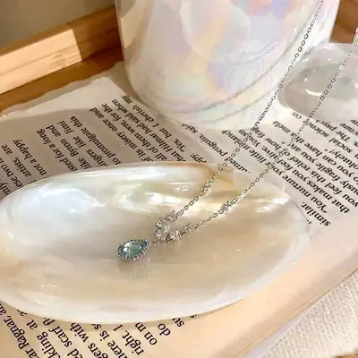 Sea blue zircon necklace women's water drop design - 3