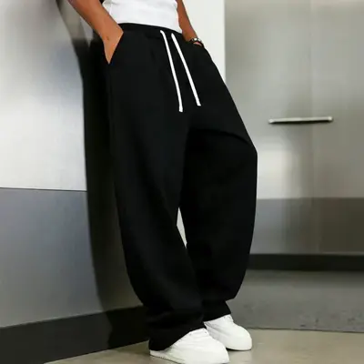 Cross-border Europe and America Men's High-Waist Drawstring Drape Floor-Length Casual Straight-Leg Pants, Versatile Loose Wide-Leg Sports Sweatpants