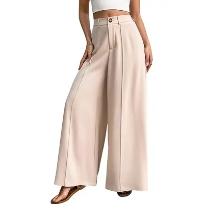 Women's Wide Leg Solid Color Long Pants, Beach Suit Trousers - 7