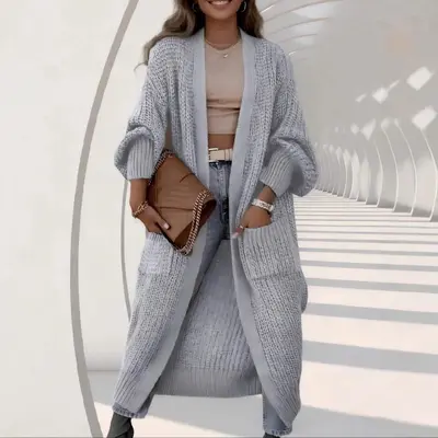 Women's Thick Knee-Length Long-Sleeve Knit Cardigan, Autumn Winter