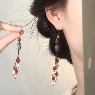 新中式滴油玻璃珠流苏耳环时尚百搭简约小众耳钩轻奢高级感耳饰女 - 7