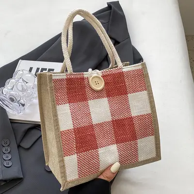Kadın jüt kumaş el çantası, retro keten alışveriş çantası - 10