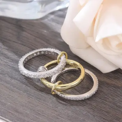 Titan-Stahl Kubikzirkonia-Ring, 18K Gold und Silber - 6