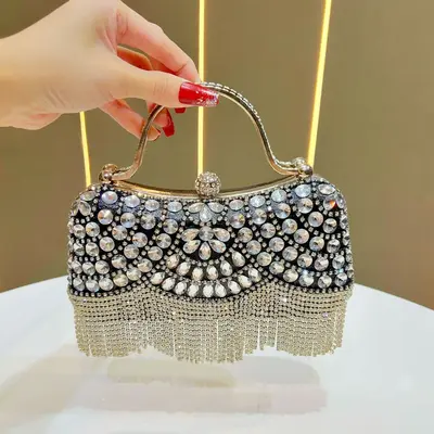 Rhinestone Tassel Evening Clutch with Chain Strap for Weddings and Parties - 8