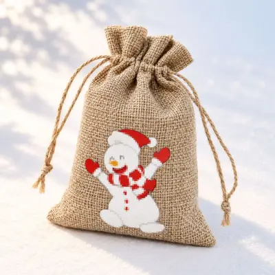 Christmas Drawstring Burlap Gift Bag, Santa Claus Candy Packaging Bag - 12