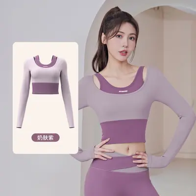 Damen Langarm Yoga Sportoberteil, Fitted Fake-Zweiteil - 9