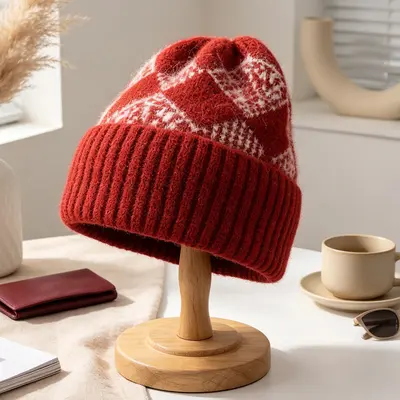 Korean-Style Diamond Jacquard Winter Knit Hat with Ear Protection - 7