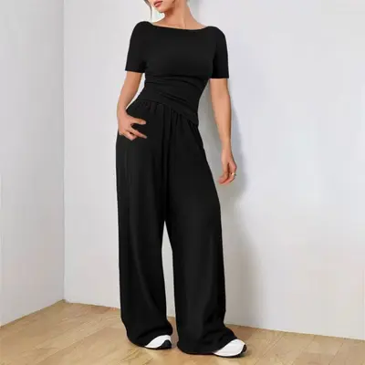 Women's Relaxed Wide Leg Pants Two-Piece Set, Soft Fabric