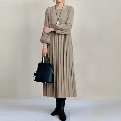Round Neck Lantern Sleeve Pleated Midi Loose Dress - 8