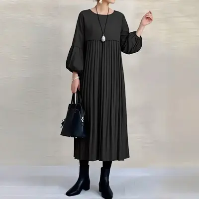 Rundhals-Kleid mit Laternenärmeln, plissiert, knielang, locker geschnitten