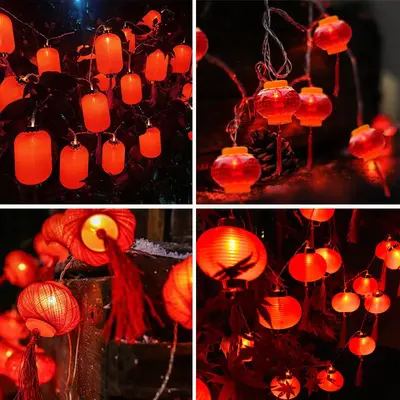 Solar Red Lantern LED String Lights, Outdoor Spring Festival Decor