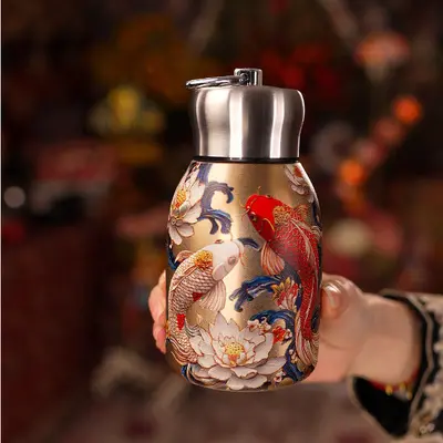 Tavus Kuşu Desenli Çin Tarzı Vakumlu Termos Bardak 300 ml Taşınabilir Hediyelik Cep Bardağ - 8