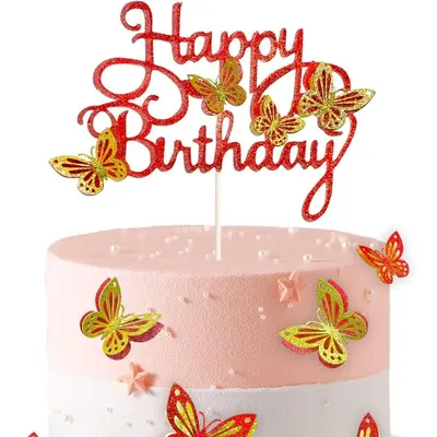 13 pcs Gold Glitter Butterfly Happy Birthday Cake Topper Set - 5