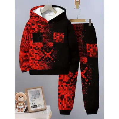 Boys' Hooded Sweatshirt Set, Spring Autumn Printed Two-Piece Casual Kidswear - 11