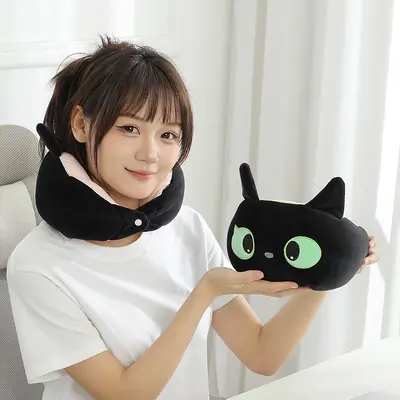 U-Shaped Neck Pillow Black Cat Design