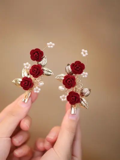 Rote Blumen-Quasten-Haarspange im chinesischen Stil - 8