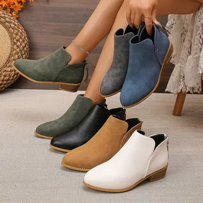 Pointed-Toe Back Zip Short Martin Boots Women's Plus Size Genuine Leather - 2