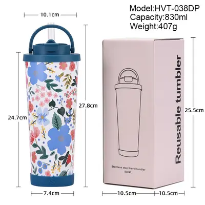 Neue 830-ml-Thermoskanne mit großer Kapazität, praktischer Griff, Einzelbecher, doppelwandiger Trinkbecher, großes Loch, bedruckter Strohhalm-Becher - 6