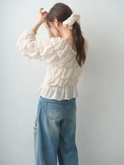 Women's flared sleeve pleated long sleeve chiffon blouse - 6