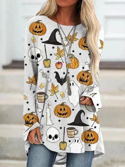 Women's Loose Round Neck Digital Print Long Sleeve Top