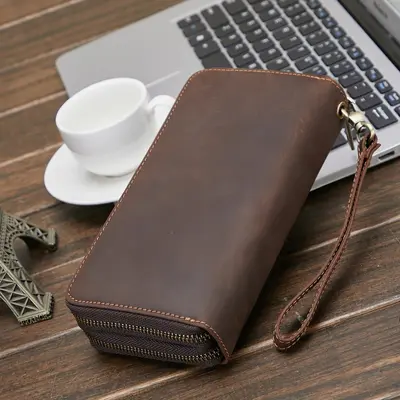 Men's Genuine Leather Long Wallet, Crazy Horse Cowhide - 4