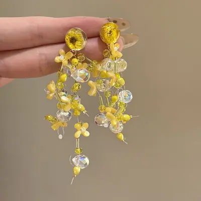 Creative Colorful Dopamine Fabric Beaded Earrings Women Ear Studs Seaside Vacation Style Ear Clips