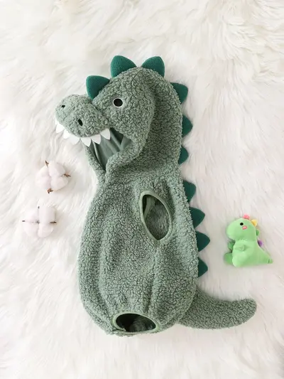 Bebek Kolsuz Kapüşonlu Tulum, Polar Kumaş, Dinozor Desenli