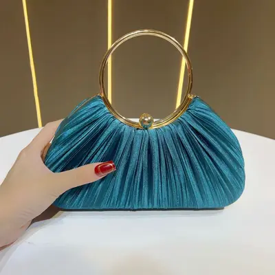 Women's Pleated Evening Bag, Ring Handle Party Clutch - 12