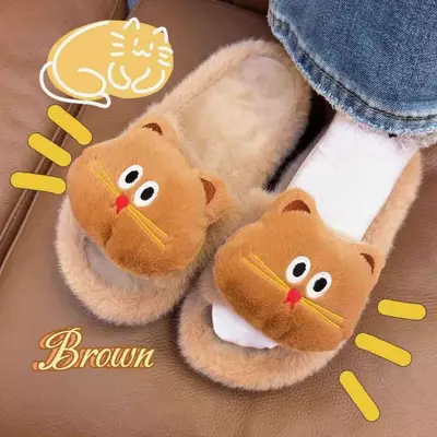 Kedi Desenli Peluş Terlik, Kadın, Dışarıda Giyilebilir, Kaymaz Kalın Taban