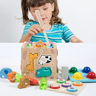 Wholesale Multi-Function Wooden Montessori 8-in-1 Combination Pounding Ball Animal Matching Fishing Game Early Educational Toys for Toddlers