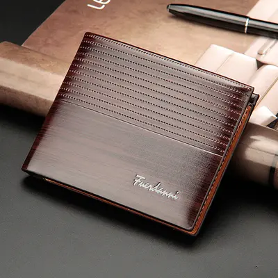 Men's Short Embossed Wallet, Horizontal Slim Leather Design - 8