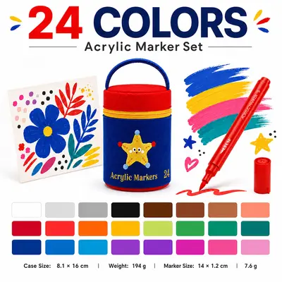 Acrylic marker pen set with soft tips, children's drawing, storage bucket - 7