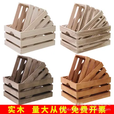 Retro Wooden Storage Basket, Rectangular Decorative Box for Supermarket Fruit Display