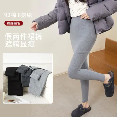 Women's Fake Two-Piece Cotton Leggings, High Waist, Warm, Tummy Control