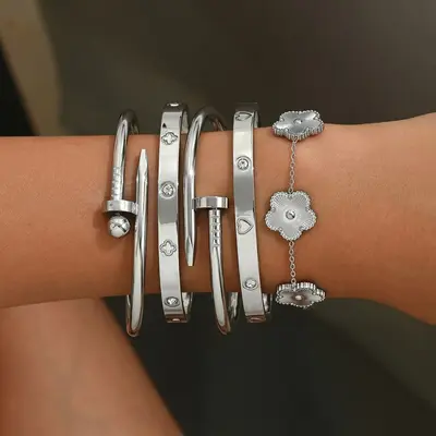 Stainless Steel Gold Bracelet Set Four-Leaf Clover Diamond - 9