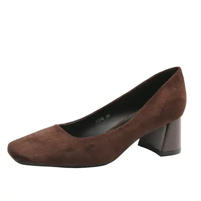 Women's Square Toe Chunky Heel Frosted Suede Retro Pumps