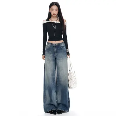 Çift Düğmeli Bel Vintage Düz Kot Pantolon Kadın Geniş Paça