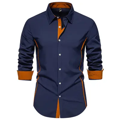 Men's Contrast Color Long-Sleeve Shirt, Spring and Autumn, Triangle Collar - 11