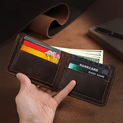 Crazy Horse Leather Men's Wallet, Genuine Leather, Horizontal