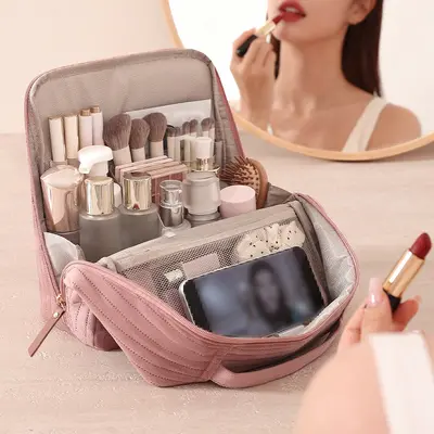 Upright cosmetic organizer bag, large capacity, compartments, travel
