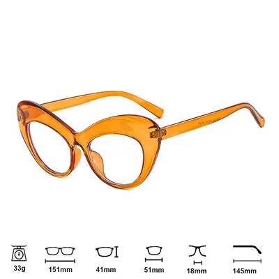Cat-Eye Optical Glasses, Large Frame, Blue Light Filter, Flat Lens, Prescription Capable