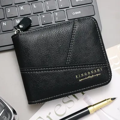 Men's Short Chain Wallet with Lychee Pattern Patchwork, Tri-fold Flap Coin Purse - 7