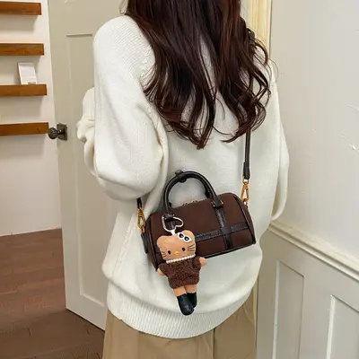 Retro Cylinder Boston Bag, Leopard Print Patchwork Shoulder Crossbody Small Bag